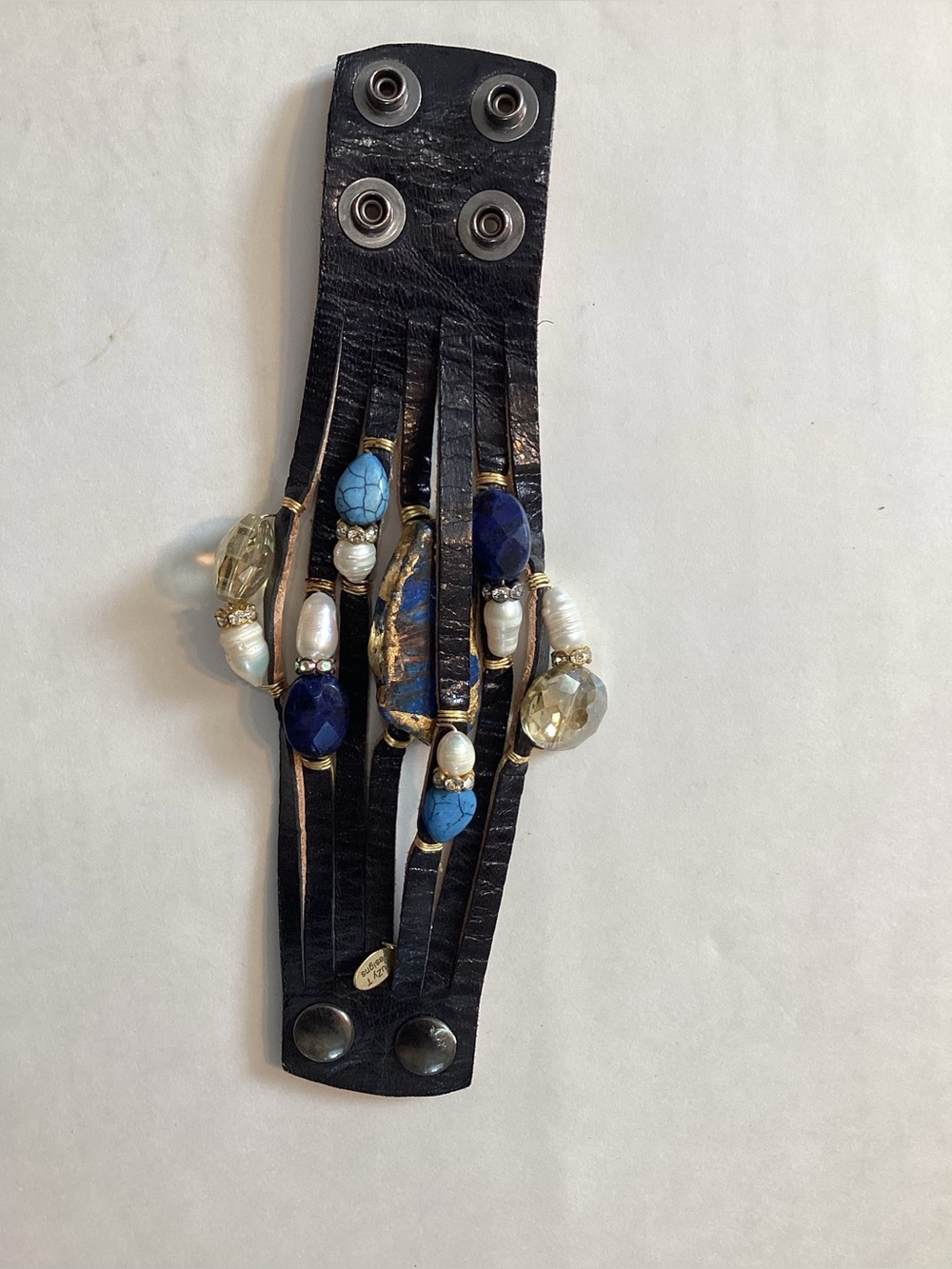 Suzy T Design Multi-Strand Black Leather Cuff Bracelet with Blue and Pearl Accen